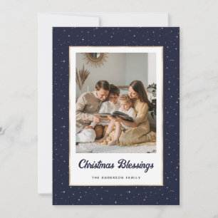 Elegant Blue Gold Starry Photo Holiday Card