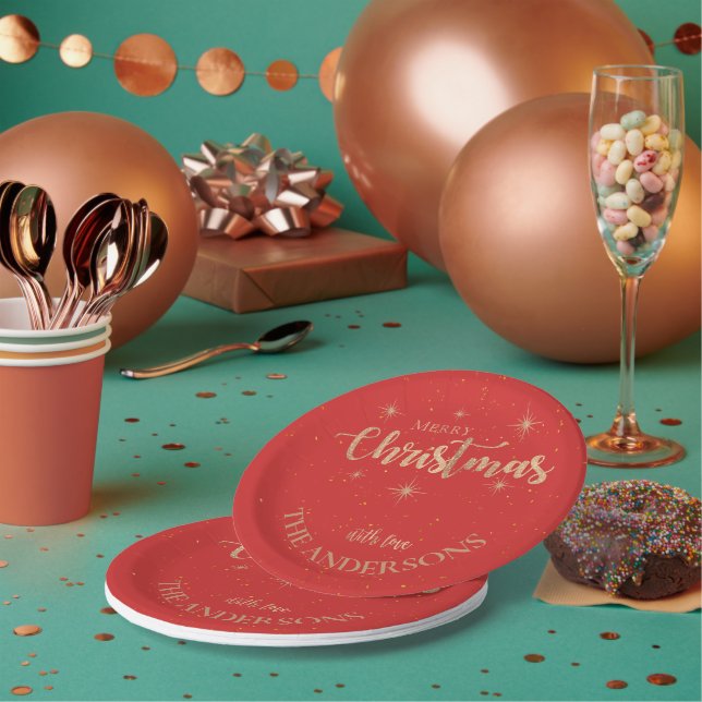 Elegant Blue Gold Stars Name Merry Christmas Party Paper Plates (Multi)