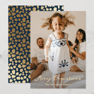 Elegant Blue Gold Stars Script Photo Christmas Holiday Card