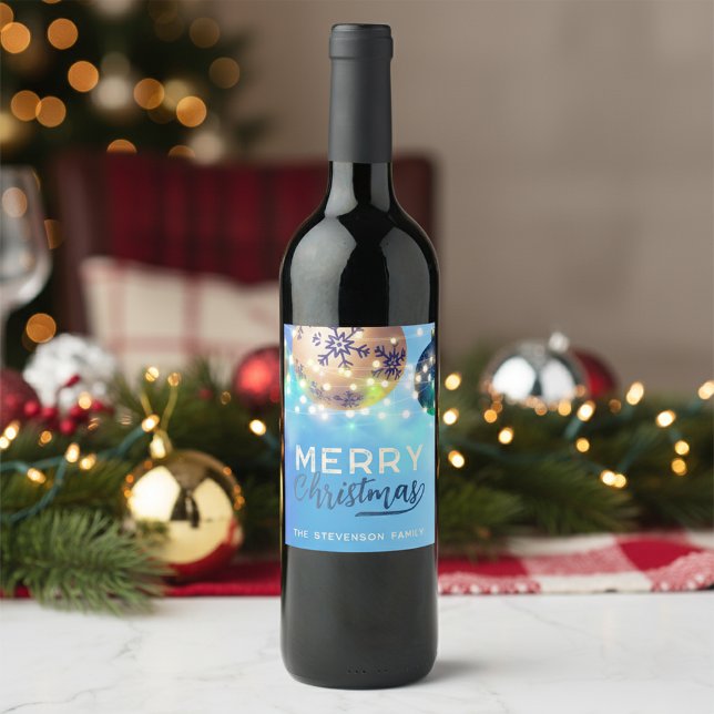 Elegant Blue Gold String Lights Christmas Wine Label (Creator Uploaded)
