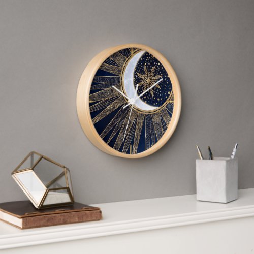 Elegant Blue Gold Sun Moon Mandala Clock