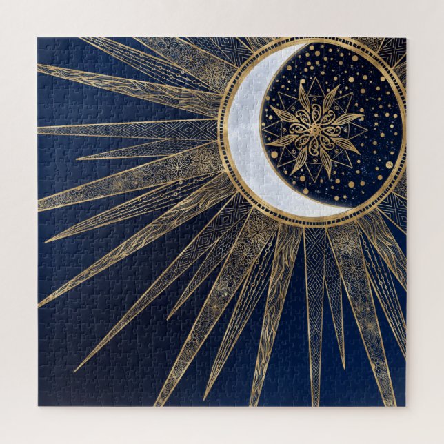 Elegant Blue Gold Sun Moon Mandala Jigsaw Puzzle (Vertical)