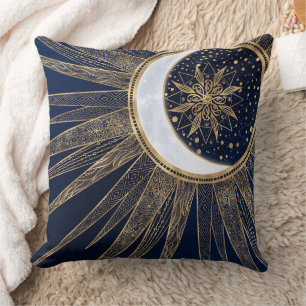 Elegant Blue Gold Sun Moon Mandala Throw Pillow
