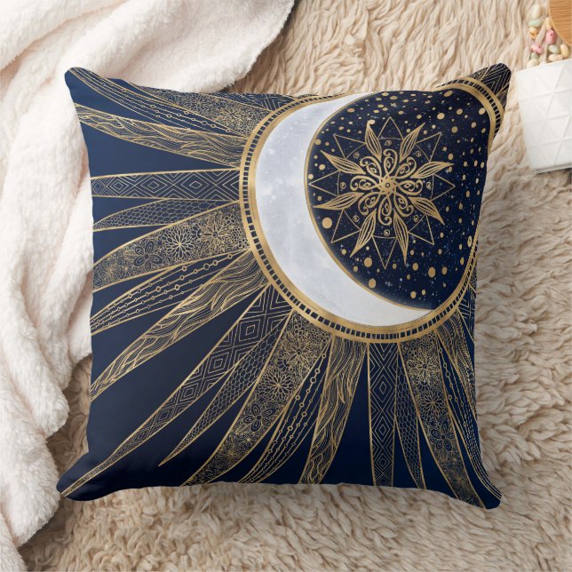 Elegant Blue Gold Sun Moon Mandala Throw Pillow (Blanket)