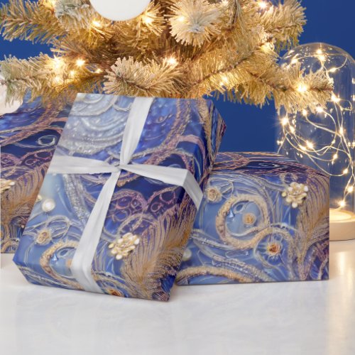 Elegant Blue  Gold Swirled Feathered Beaded Pearl Wrapping Paper