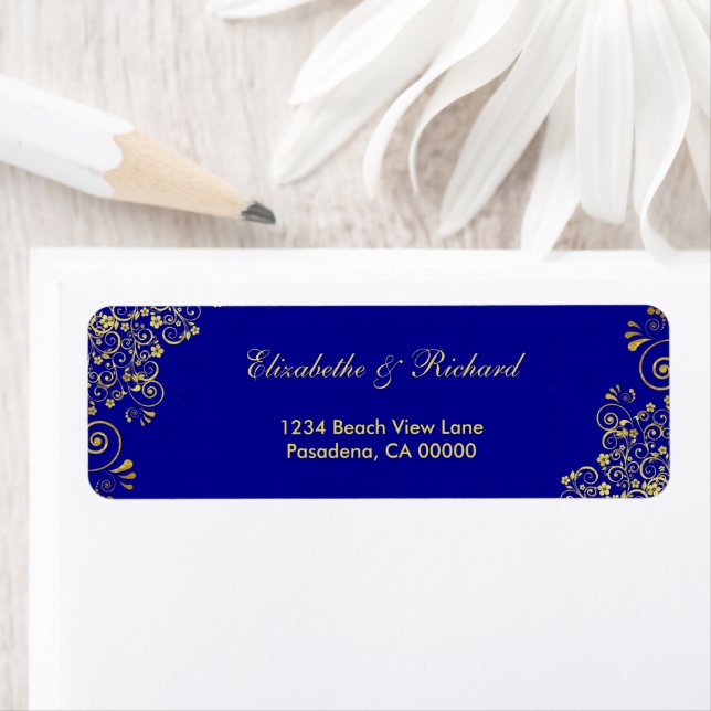 Elegant Blue Gold Swirls wedding Label (Insitu)