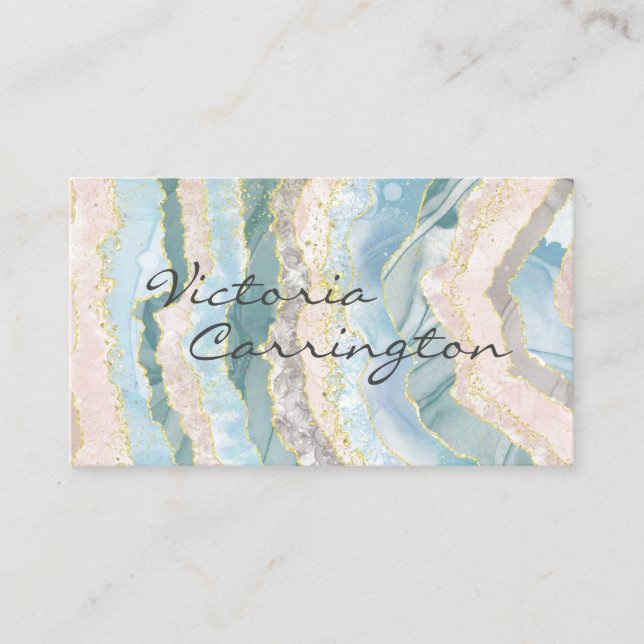Elegant Blue Gold Teal Agate Script Business Card (Front)