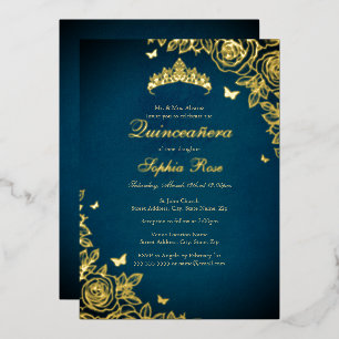 Elegant Blue Gold Tiara Rose Quinceanera Foil Invitation