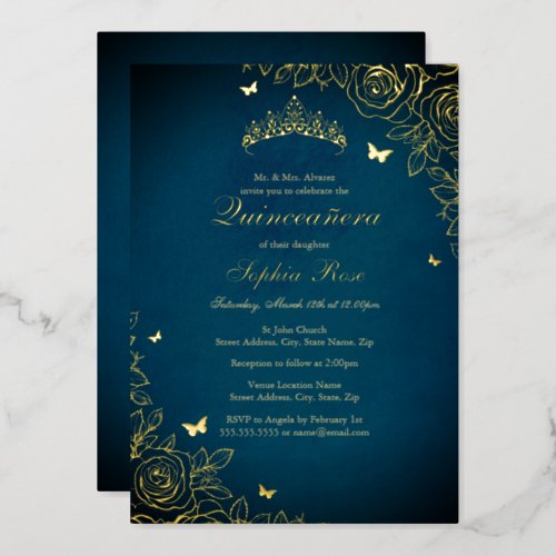 Elegant Blue Gold Tiara Rose Quinceanera Foil Invitation