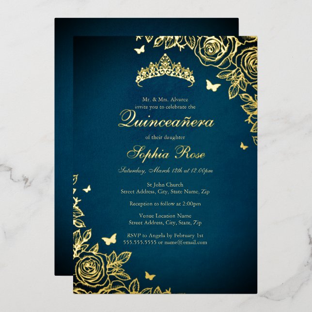 Elegant Blue Gold Tiara Rose Quinceanera Foil Invitation (Front/Back)