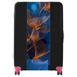 Elegant Blue & Gold Translucent Floral Art Black Luggage