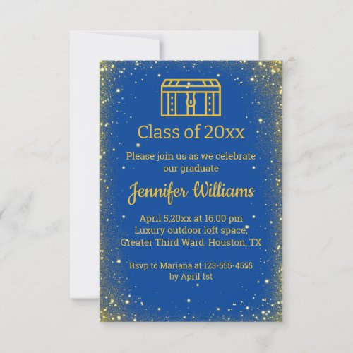 elegant blue gold trunk glitters graduation invitation