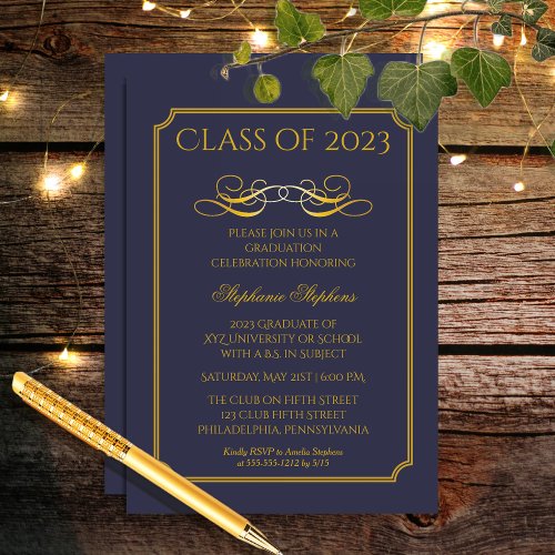 Elegant Blue  Gold University Graduation Party Invitation