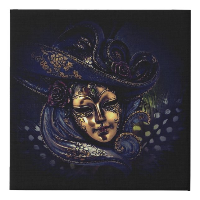 Elegant  Blue Gold Venetian Carnival Mask Faux Canvas Print (Front)
