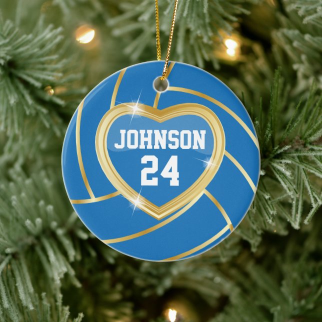 Elegant Blue & Gold Volleyball | DIY Name & Number Ceramic Ornament (Tree)