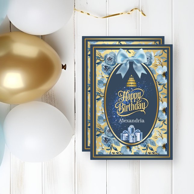 Elegant Blue Gold Watercolor Floral Birthday Card (Creator Uploaded)