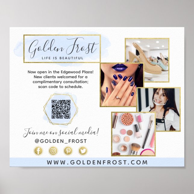 Elegant Blue & Gold Watercolor Logo Promo Photo Poster (Front)