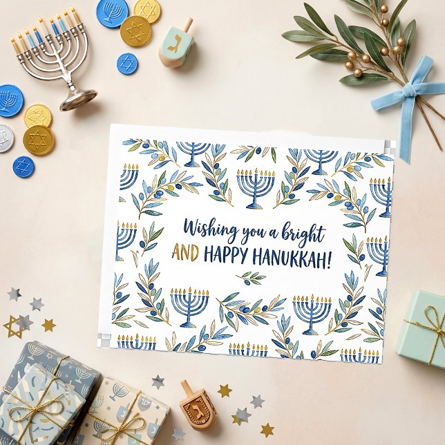 Elegant Blue Gold Watercolor Menorah Hanukkah Card (Creator Uploaded)