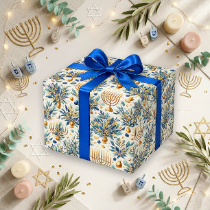 Elegant Blue Gold Watercolor Menorah Wrapping Paper