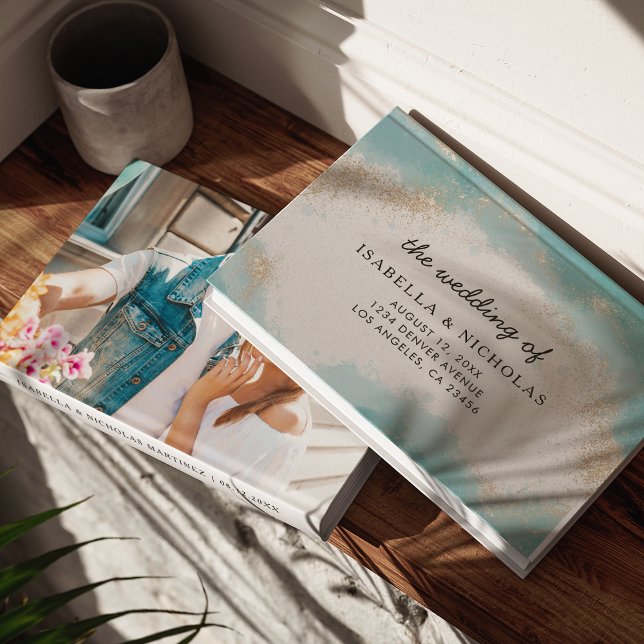 Elegant Blue Gold Watercolor Photo Wedding Foil Guest Book (Creator Uploaded)