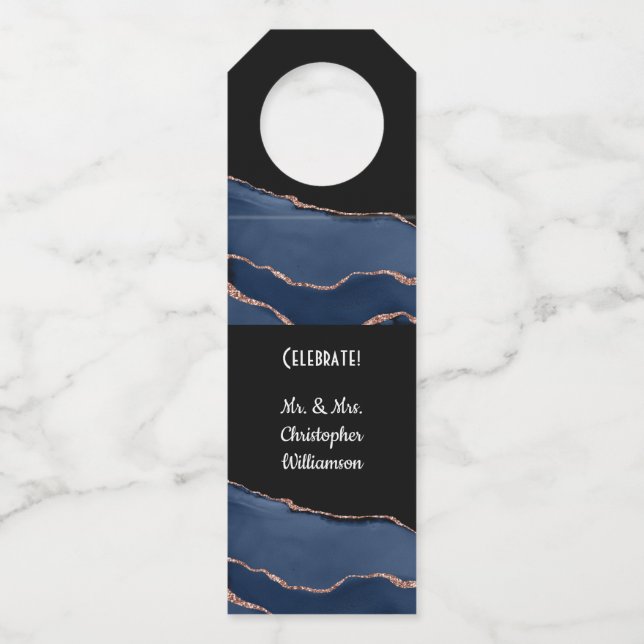 Elegant Blue Gold Wedding Party Bottle Hanger Tag (Front)