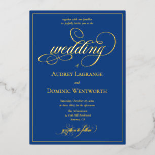 Elegant Blue Gold Wedding Script Calligraphy Foil Invitation