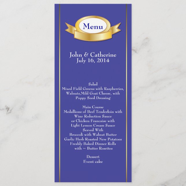 Elegant Blue & Gold Wedding Table Menu (Front)