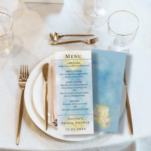 Elegant Blue & Gold Wedding white Doves Menu Card (Creator Uploaded)