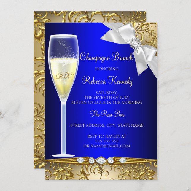 Elegant Blue Gold White Champagne Brunch Invite (Front/Back)
