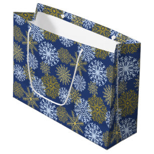 Elegant Blue Gold Winter Snowflakes Christmas Large Gift Bag
