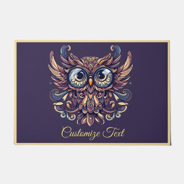 Elegant Blue & Gold Wise Owl Personalized  Doormat (Front)