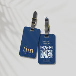Elegant Blue Golden Bold Monogram QR Code Luggage Tag<br><div class="desc">Elegant fully customizable luggage tag design with blue background,  golden bold monogram. Add your QR code with your contact details.
Instantly accessible contact info means your bag always knows its way back :)</div>