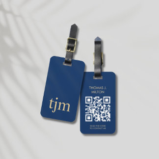 Elegant Blue Golden Bold Monogram QR Code Luggage Tag