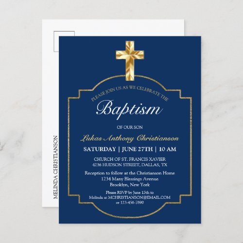 Elegant Blue Golden Cross Boys Baptism Invitation