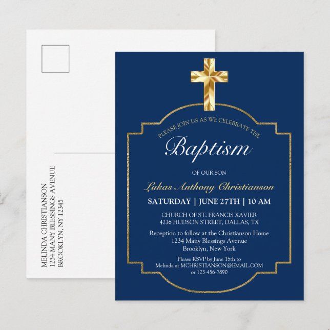 Elegant Blue Golden Cross Boys Baptism Invitation (Front/Back)