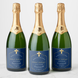 Elegant Blue Golden Cross Boys Baptism Sparkling Wine Label