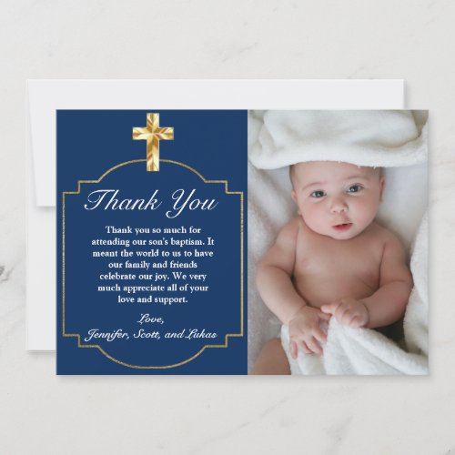 Elegant Blue Golden Cross Boys Baptism Thank You 