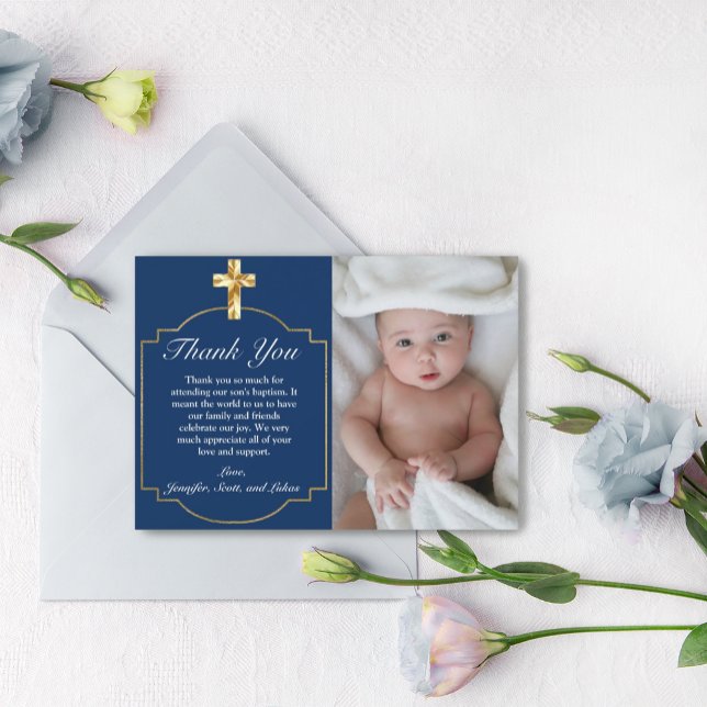 Elegant Blue Golden Cross Boys Baptism Thank You  (ELEGANT NAVY BLUE GOLD CROSS PHOTO BAPTISM THANK YOU CARD WITH ENVELOPE)