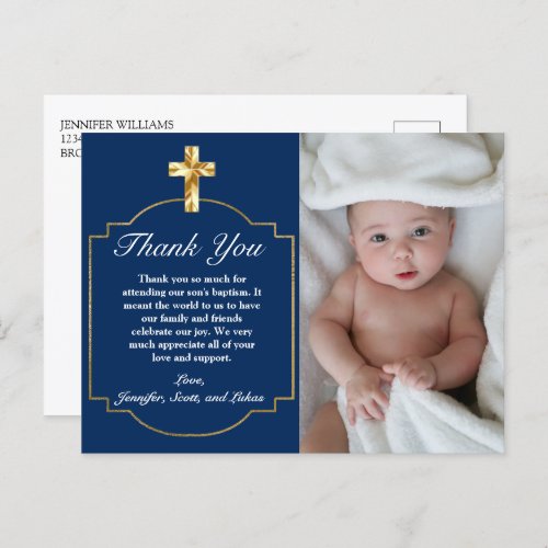 Elegant Blue Golden Cross Boys Baptism Thank You Postcard