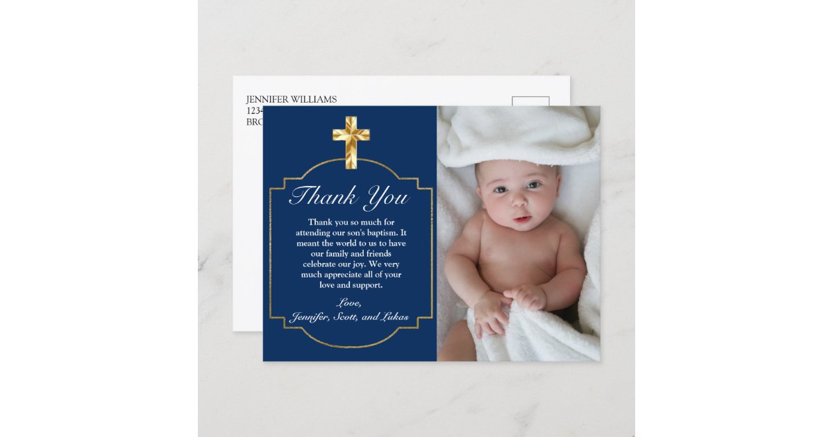 Elegant Blue Golden Cross Boys Baptism Thank You Postcard Zazzle