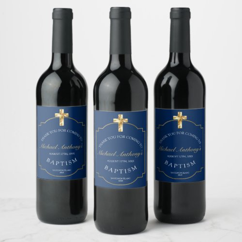 Elegant Blue Golden Cross Boys Baptism  Wine Label