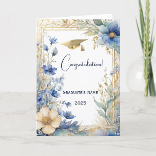 Elegant Blue Golden Flower Personalized Graduation Card