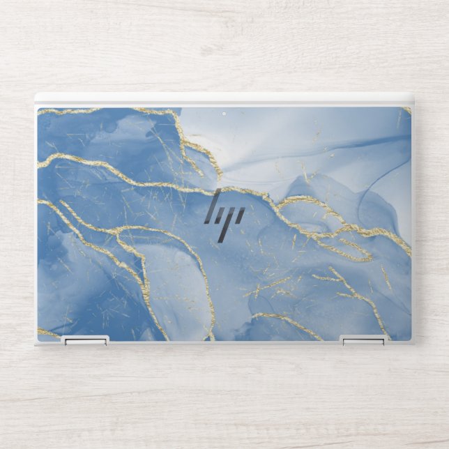 Elegant blue & golden marble HP laptop skin (Front)