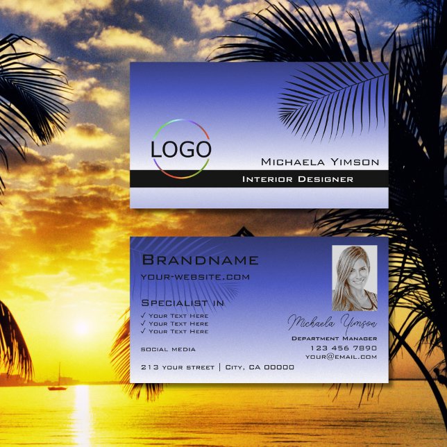 Elegant Blue Gradient Palm Leaf Logo and Photo Business Card (Creator Uploaded)