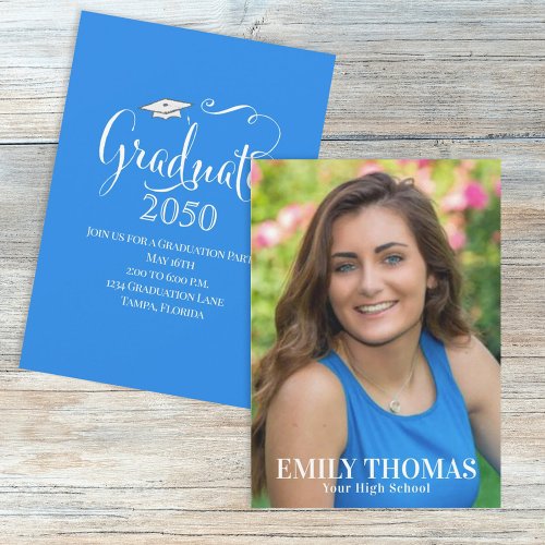 Elegant Blue Graduation Calligraphy Simple Photo Invitation