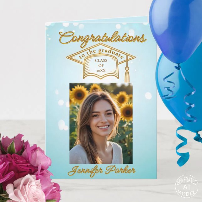 Elegant Blue Graduation with Photo & Gold Accents Card (Creator Uploaded)