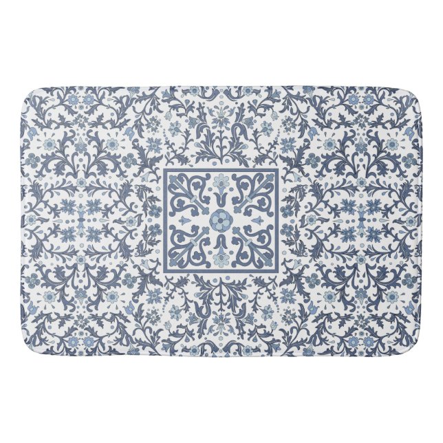 Elegant Blue Graphic Floral Pattern Bath Mat (Front)