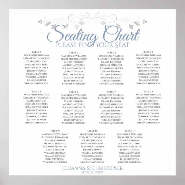 Elegant Blue & Gray 11 Table Wedding Seating Chart (Front)