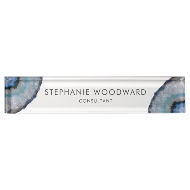 Elegant Blue Gray Agate Geode Desk Name Plate (Front)