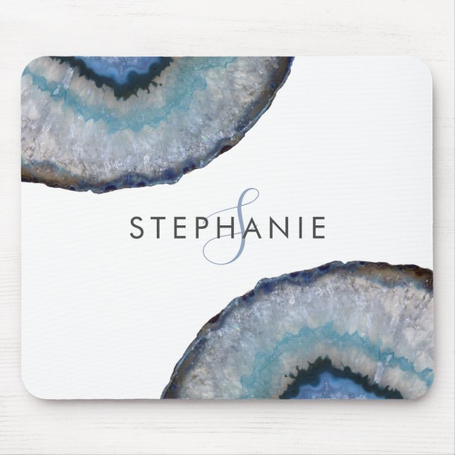 Elegant Blue Gray Agate Geode Monogram Mouse Pad (Front)
